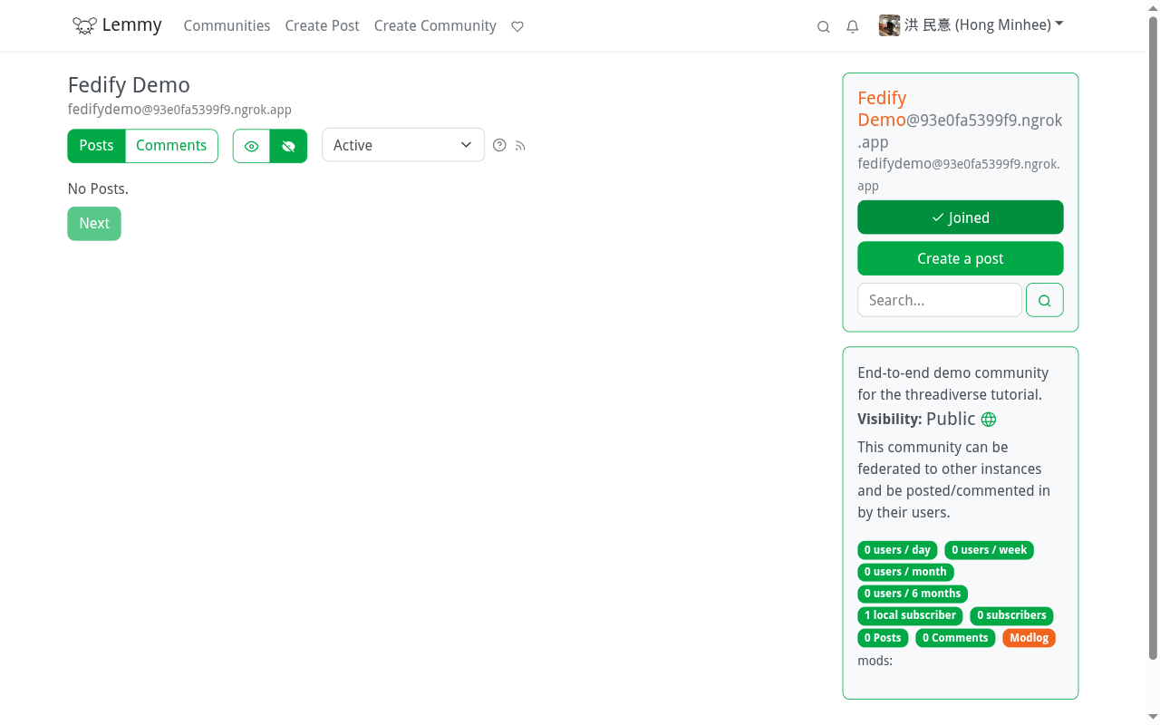 Screenshot: the Lemmy community page says “Joined” after the round-trip